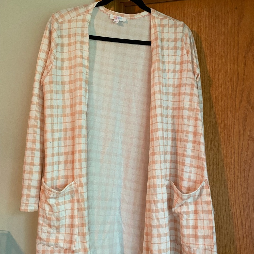 peach plaid Lularoe Caroline cardigan size medium
